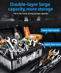 Badass Rugged Stainless Steel Tool Box With Dual Layer Garage Storage And Snappy Organizer Lid Tray For Screws, filled with tools in various layers.