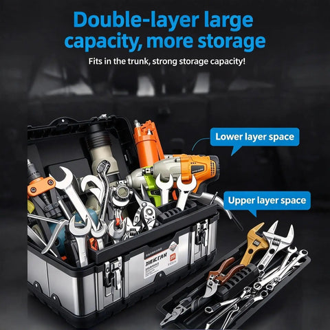 Badass Rugged Stainless Steel Tool Box With Dual Layer Garage Storage And Snappy Organizer Lid Tray For Screws, filled with tools in various layers.