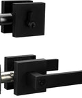 Contemporary Square Entry Lever Door Handle Set With Single Cylinder Deadbolt Reversible For Left Or Right Doors Heavy Duty Iron Black Finish