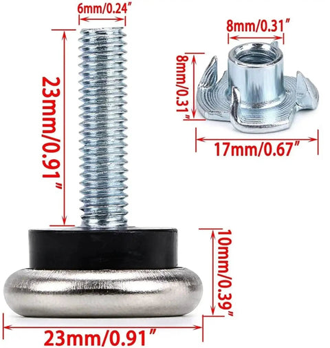 12 Pack M6 Adjustable Leveling Feet With T Nut For Furniture And Table Legs Wide Bearing Base Glide Pads Anti Scratch Floor Protectors For Uneven Floors Fits Wood Cabinets Chairs And Desks, M6 thread, 23mm base