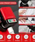 Automatic red portable fuel transfer pump with auto-stop, battery powered, USB-C, long hose, 4 adapters.