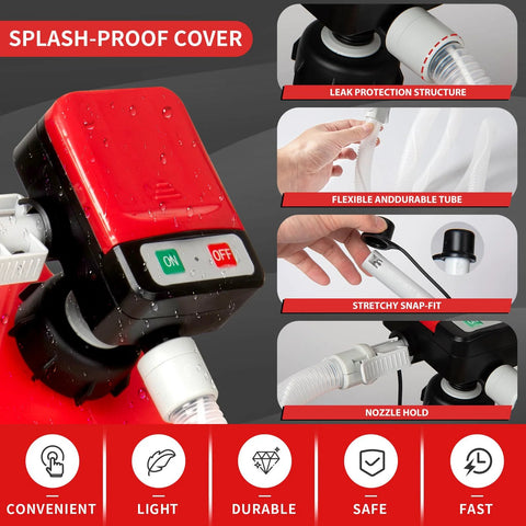 Automatic red portable fuel transfer pump with auto-stop, battery powered, USB-C, long hose, 4 adapters.