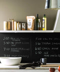 Chalkboard with menu items written in white chalk using Chalkboard Paint For Walls In Black 1 Quart, 100 Percent Acrylic Interior Paint.