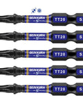 Five Piece T20 Security Torx Bits Rock Solid S2 Steel Impact Driver Power Screws With Zero Slip Magnetic Grip Built Tough For High Torque Jobs, set of five bits showing hex shank.
