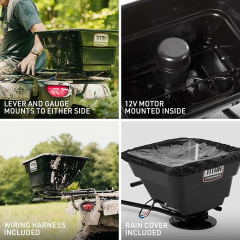 12 Volt ATV UTV Broadcast Spreader With Rain Cover 80 LB Capacity shown with lever, 12V motor, rain cover, and wiring harness.