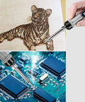 80W Soldering Iron Kit With Digital LCD Display, shown engraving a drawing and working on PCB electronics DIY and repair.