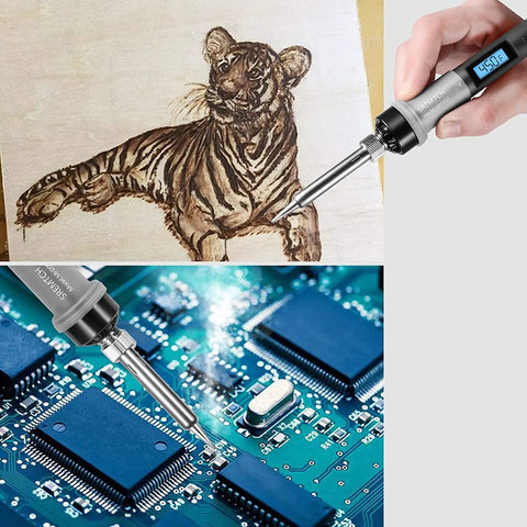 80W Soldering Iron Kit With Digital LCD Display, shown engraving a drawing and working on PCB electronics DIY and repair.