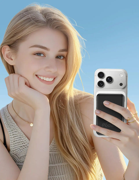 Young woman smiling with iPhone featuring Super Sleek MagSafe Power Bank With 10000Mah Magnetic Portable Charger For Iphone 16 15.