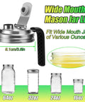 Stainless Steel Pour Spout Lid With Handle For Wide Mouth Jars, Spillproof Flip Cap, 64oz jar compatibility displayed