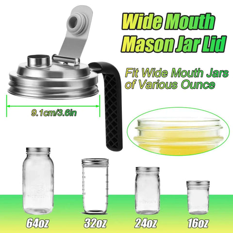 Stainless Steel Pour Spout Lid With Handle For Wide Mouth Jars, Spillproof Flip Cap, 64oz jar compatibility displayed