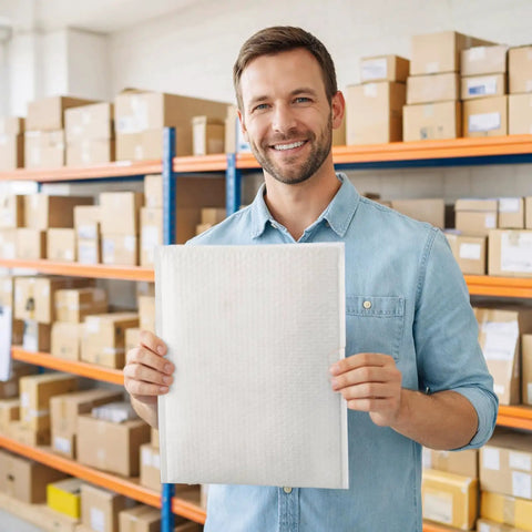 Man holding 12x15 Inch Bubble Mailers 25 Pack Self Seal Padded Envelopes for shipping in a storage room with shelves and boxes.