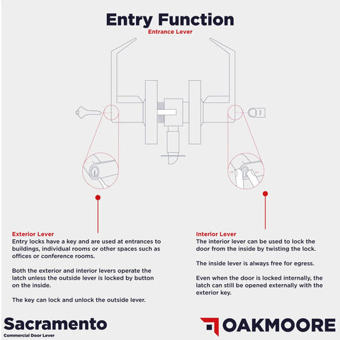 Diagram of heavy duty commercial door handle lock set with Grade 2 security for offices, satin finish, keyed entry lever.
