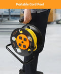 Person holding Heavy Duty Open Cord Reel With Four Grounded Outlets, Hand Wind Retractable Power Cord Organizer, orange, swivel crank.