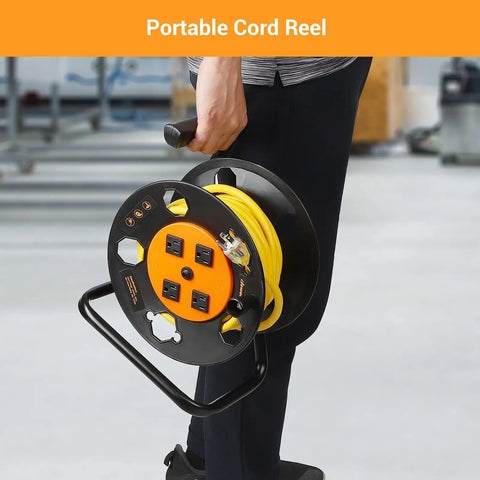 Person holding Heavy Duty Open Cord Reel With Four Grounded Outlets, Hand Wind Retractable Power Cord Organizer, orange, swivel crank.