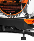 Close-up of the 15 Amp 10 Inch Dual Bevel Sliding Compound Miter Saw With LED Cutline showing blade and orange rail system