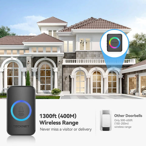 Wireless Doorbell Kit With Two Plug-In Receivers, IP65 Waterproof, 1300ft Range, RGB Light, shown in front of a house.