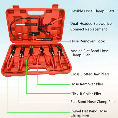 9 Piece Hose Clamp Pliers Set With Long Reach For Auto Hoses Fuel Oil Water Radiator And Coolant Lines in open red case