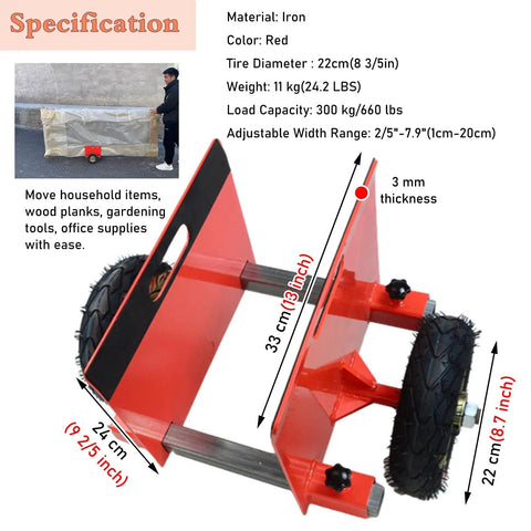 Heavy Duty Panel Dolly With Auto Lock Clamps For Hassle Free Drywall Sheetrock Door And Mattress Hauling with red iron frame and adjustable width.