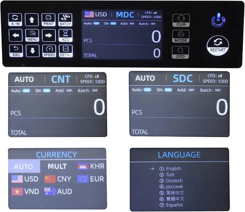 Touchscreen panel of the Super Fast Automatic Money Counter With Touchscreen Panel And Multi Currency Mix Value Tally Machine.