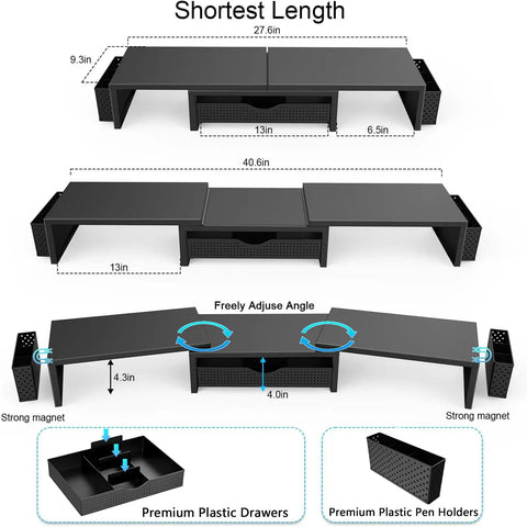 Dual Monitor Stand Riser With Drawer And Magnetic Pen Holders Adjustable Desk Organizer For Home Office Keeps Your Desk Setup Clean And Neat Sturdy Computer Monitor Stand With Top Shelf Black