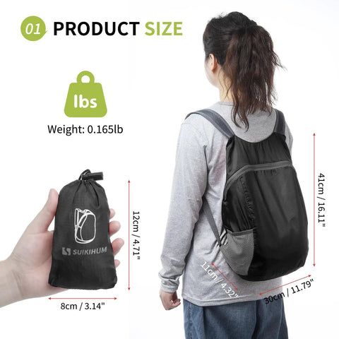 Person wearing 20L Ultra Lightweight Hiking Daypack that packs down small, with dimensions and weight shown, black color.