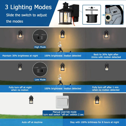3 lighting modes of Motion Sensor Outdoor Porch Light With GFCI Outlet Built In Black Exterior Wall Lantern Dusk To Dawn Sconce.