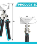 Front and side views of DURATECH 3-inch sheet metal bender with black and teal ergonomic handles and metal jaws.