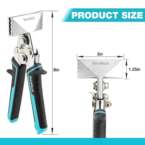 Front and side views of DURATECH 3-inch sheet metal bender with black and teal ergonomic handles and metal jaws.
