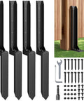 Heavy Duty Fence Post Repair Kit With Ground Stakes For Wood Posts, Fix Leaning Or Broken Posts In Minutes, 4 Pack, Black