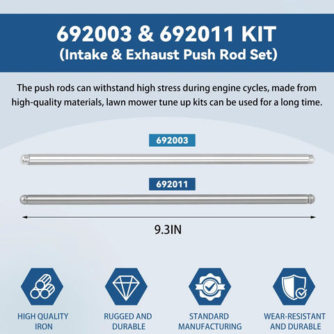 Intake And Exhaust Push Rod Kit 692003 692011 For Briggs And Stratton Lawn Mower Engines displayed with measurements.