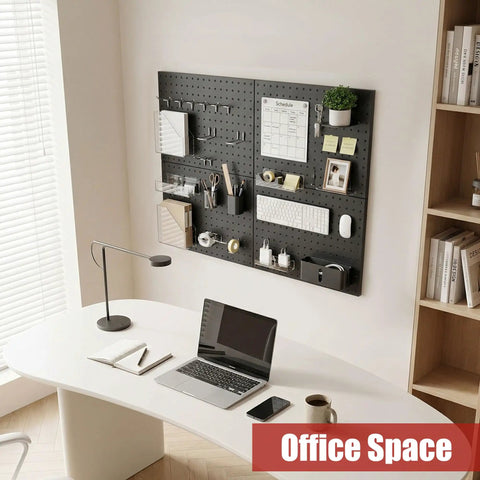 Heavy Duty Metal Pegboard Panels Four Pack With Fifty Hooks For Garage Workshop Office Or Craft Room Rust Resistant Steel Wall Organizer 16 by 12 Inches installed in modern office with organized supplies