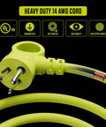 Close-up of lime green 80 Foot Retractable Cord Reel With Winding Handle 4 Grounded Outlets 13 Amp 14 AWG Cable
