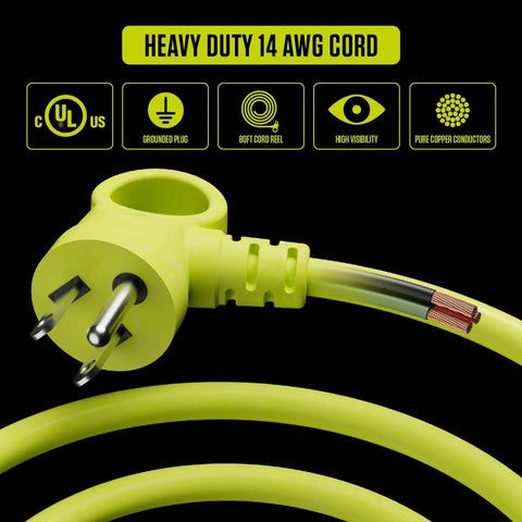 Close-up of lime green 80 Foot Retractable Cord Reel With Winding Handle 4 Grounded Outlets 13 Amp 14 AWG Cable