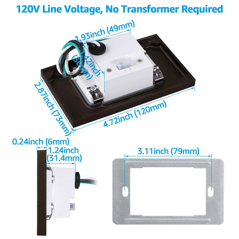 5CCT 120V LED Step Lights Pack of 3, 3.5W dimensions and voltage details, aluminum oil-rubbed bronze horizontal mount