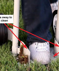 Person using Core Lawn Aerator Version 4 Kit with 3.4 inch tines, large stepping surface, and soil core container in grass.