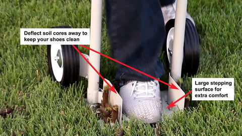Person using Core Lawn Aerator Version 4 Kit with 3.4 inch tines, large stepping surface, and soil core container in grass.