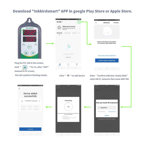 WiFi Temperature Controller ITC-308 With IHC-200 Humidity Controller app setup instruction images on smartphone screen