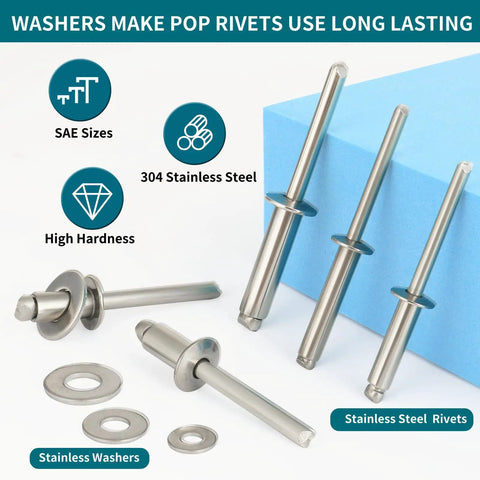 450 Piece 304 Stainless Steel Pop Rivets With Washers Kit In One Eighth Inch Three Sixteenth Inch And One Quarter Inch Assorted Blind Rivets With 8 SAE Sizes For DIY Home Auto Repairs displayed with washers and rivets.