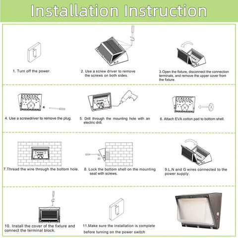 Installation instructions for 120W LED Wall Pack Light With Dusk To Dawn Sensor, showing step-by-step assembly guide.
