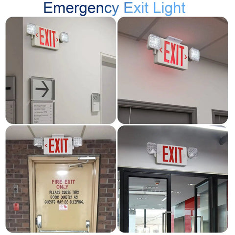Red Exit Sign With Emergency Lights Battery Backup LED Exit Light UL Listed For Commercial Use AC 120 to 277 Volt mounted indoors