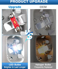Comparison of Dodge Ram Overhead Console Dome Light Replacement LED and OEM halogen bulbs for 2002 to 2010 Ram series.