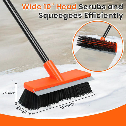 Side view of 55 Inch Long Handle Deck Brush With Stiff Bristles for Concrete Patios showing 10 inch wide scrub head.