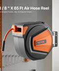 Shop Grade Retractable Air Hose Reel With Sixty Five Foot Three Eighths Inch Hybrid Hose Auto Rewind 300 PSI wall mount