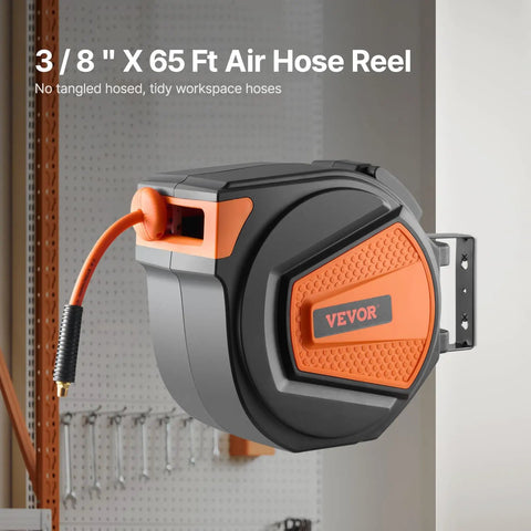 Shop Grade Retractable Air Hose Reel With Sixty Five Foot Three Eighths Inch Hybrid Hose Auto Rewind 300 PSI wall mount