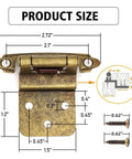 Dimensions of Self Closing Hidden Kitchen Cabinet Hinge Three Eighth Inch Inset Antique Brass 6 Pack with included screws.