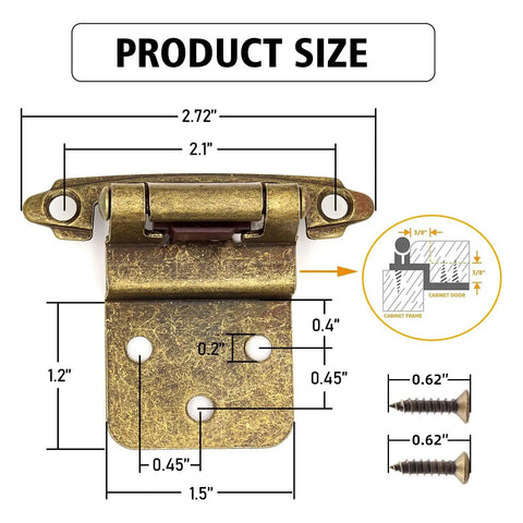 Dimensions of Self Closing Hidden Kitchen Cabinet Hinge Three Eighth Inch Inset Antique Brass 6 Pack with included screws.