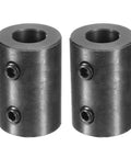 Two shaft couplings, front view, black oxide steel, 1/2" bore, 1" OD, 1-1/2" length, 2 set screws