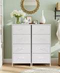 No Fuss Space Saving Nightstand With Four Drawers And Wood Top Steel Frame End Table With Fabric Bins White Finish in bedroom