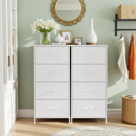 No Fuss Space Saving Nightstand With Four Drawers And Wood Top Steel Frame End Table With Fabric Bins White Finish in bedroom