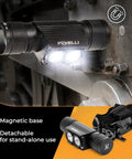 Ultra Bright Rechargeable Headlamp With 1200 Lumen LED IPX7 Waterproof 18650 Battery Included Five Light Modes And Memory Function The Go To Gear For Work And Outdoors Includes Battery And Hooks Hard Hat Or Helmet Compatible with magnetic base, attached to metal surface